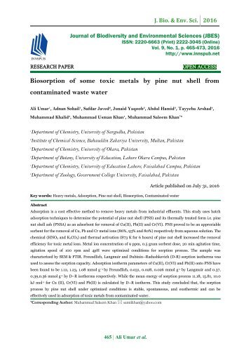 Biosorption of some toxic metals by pine nut shell from contaminated waste water