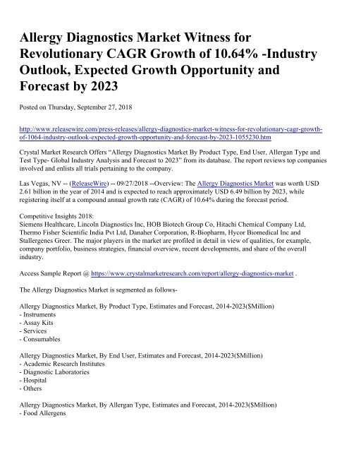 Allergy Diagnostics Market Witness for Revolutionary CAGR Growth of 10.64% -Industry Outlook, Expected Growth Opportunity and Forecast by 2023