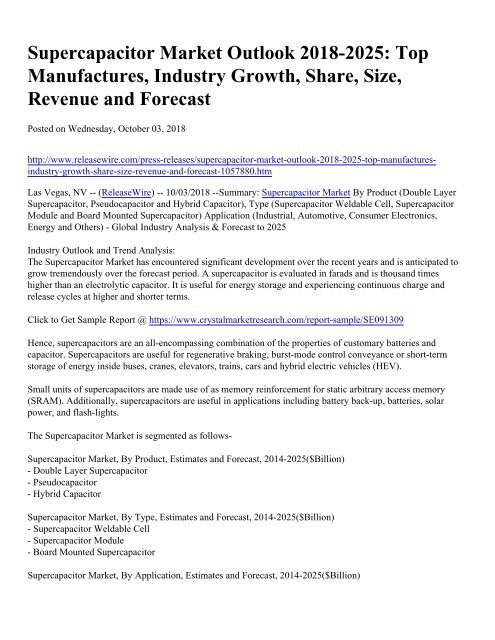 Supercapacitor Market Outlook 2018-2025 -Top Manufactures, Industry Growth, Share, Size,Revenue and Forecast