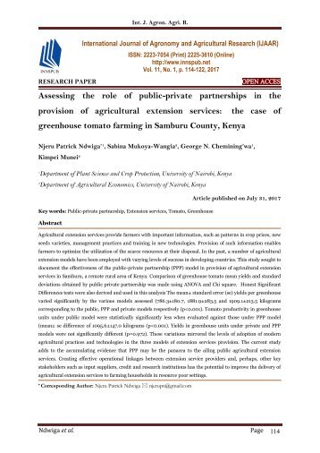 Assessing the role of public-private partnerships in the provision of agricultural extension services: ˴the case of greenhouse tomato farming in Samburu County, Kenya