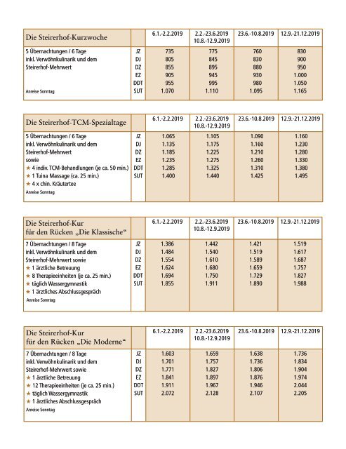 Steirerhof Preisliste 2019