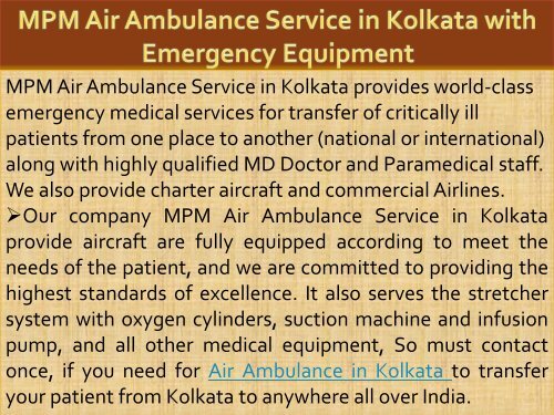 Affordable price MPM Air Ambulance in Kolkata