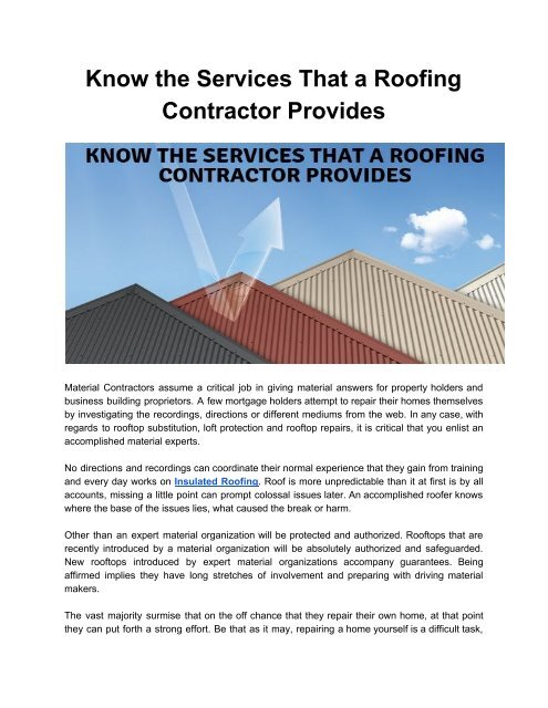 Know the Services That a Roofing Contractor Provides
