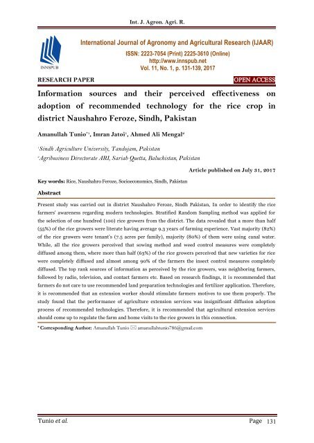 Information sources and their perceived effectiveness on adoption of recommended technology for the rice crop in district Naushahro Feroze, Sindh, Pakistan