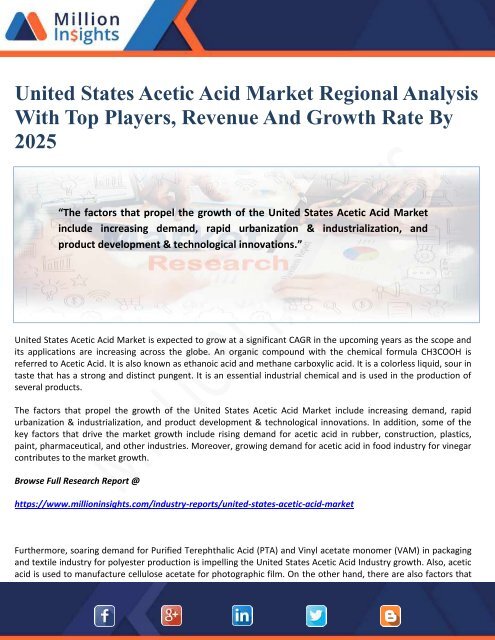 United States Acetic Acid Market Regional Analysis With Top Players, Revenue And Growth Rate By 2025