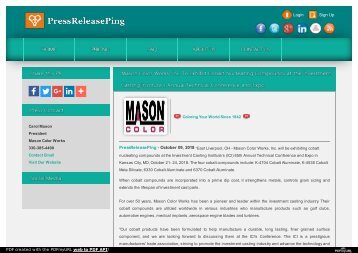 Mason Color Works, Inc. To Exhibit Cobalt Nucleating Compounds at the Investment Casting Institute&#039;s Annual Technical Conference and Expo