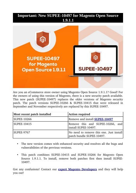 Important: New SUPEE-10497 for Magento Open Source 1.9.1.1