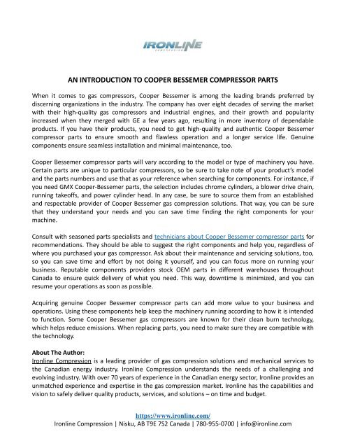 AN INTRODUCTION TO COOPER BESSEMER COMPRESSOR PARTS