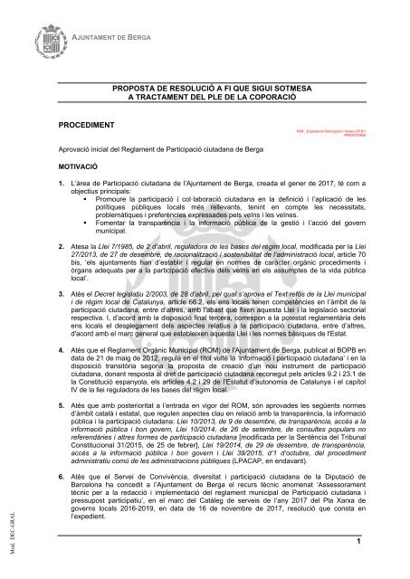 Aprovació inicial del Reglament de Participació ciutadana de Berga