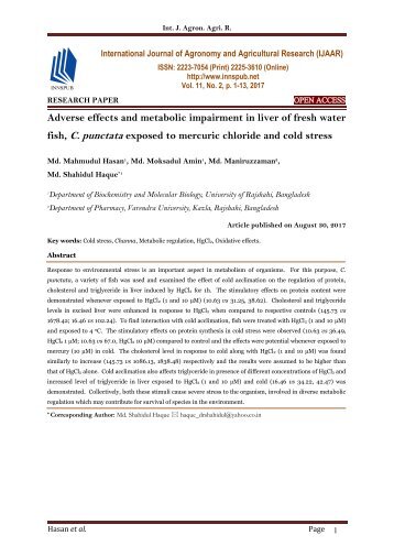 Adverse effects and metabolic impairment in liver of fresh water fish, C. punctata exposed to mercuric chloride and cold stress