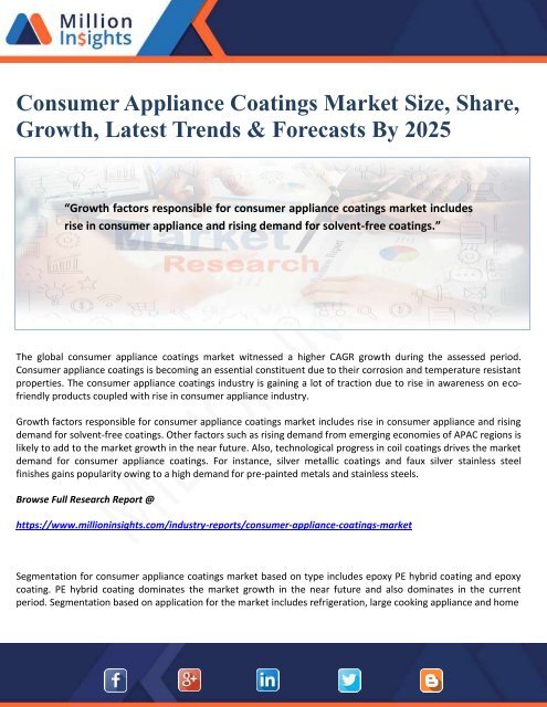 Consumer Appliance Coatings Market Size, Share, Growth, Latest Trends &amp; Forecasts By 2025