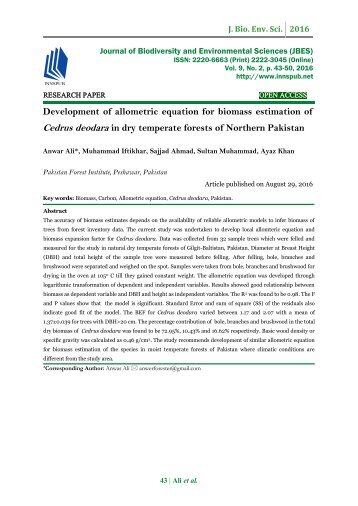 Development of allometric equation for biomass estimation of Cedrus deodara in dry temperate forests of Northern Pakistan
