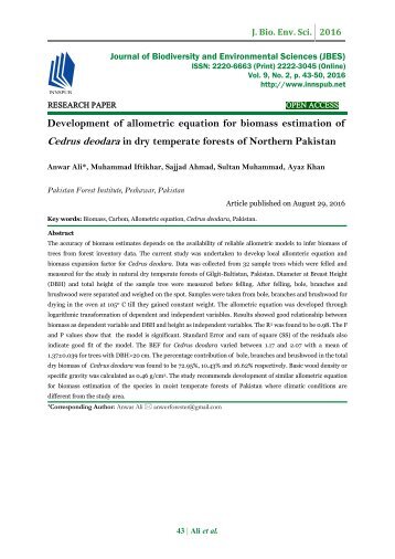 Development of allometric equation for biomass estimation of Cedrus deodara in dry temperate forests of Northern Pakistan