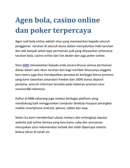 Kumpulan Agen Bola Casino Online Dan Poker Terpercaya