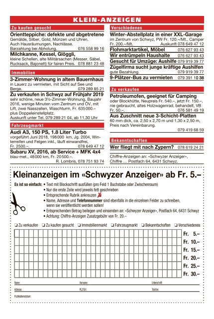 Schwyzer Anzeiger – Woche 42 – 19. Oktober 2018