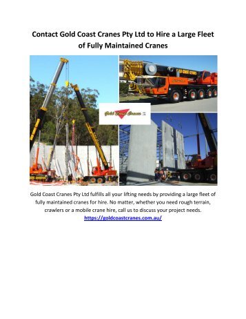 Contact Gold Coast Cranes Pty Ltd to Hire a Large Fleet of Fully Maintained Cranes