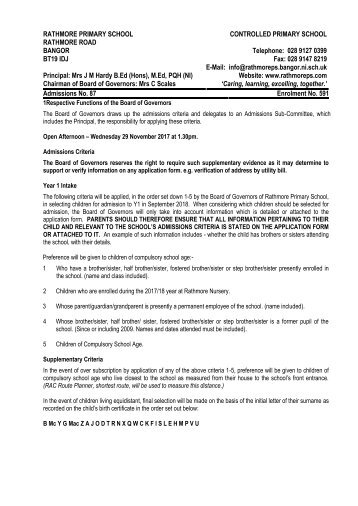 Rathmore Primary School Enrolment Criteria P1 2018