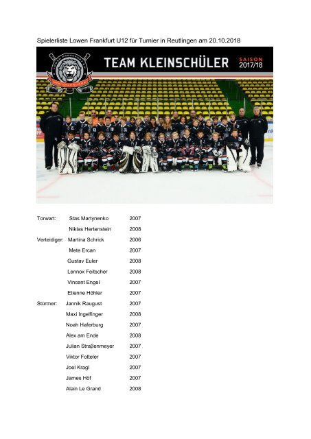 Turnierzeitung U12 Eishockeyauswahlturnier Reutlingen 20102018