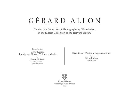 Catalog of a Collection of Photographs by Gérard Allon in the Judaica Collection of the Harvard library