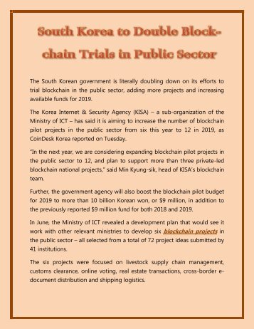 South Korea to Double Block-chain Trials in Public Sector Next Year