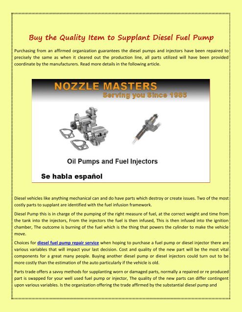 Buy the Quality Item to Supplant Diesel Fuel Pump