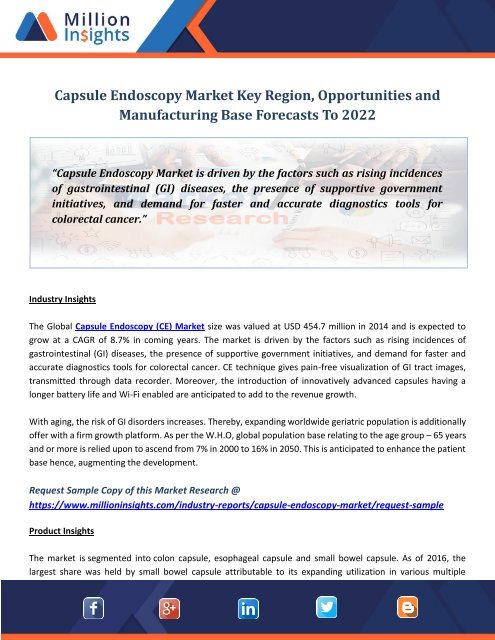 Capsule Endoscopy Market Key Region, Opportunities and Manufacturing Base Forecasts To 2022