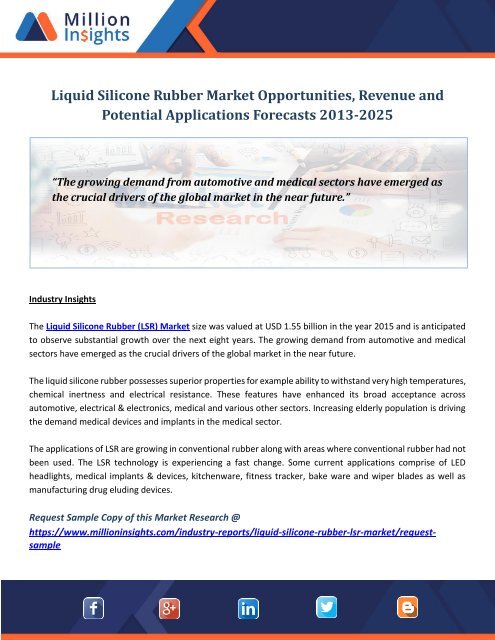 Liquid Silicone Rubber Market Opportunities, Revenue and Potential Applications Forecasts 2013-2025