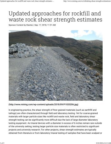 Updated approaches for rockfill and waste rock shear strength estimates - MINING