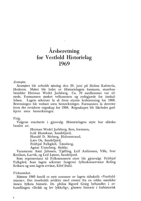Årsberetning for Vestfold Historielag 1969