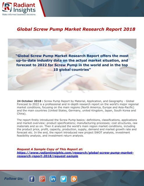 Screw Pump Market : Size, Industry Share, Growth, Scope, Demand, Forecast And Analysis Report 2018