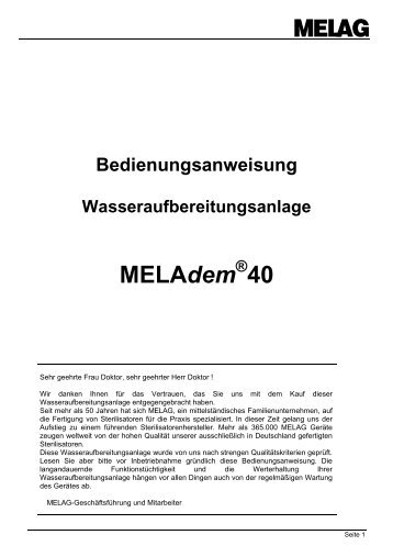 Bedienungsanweisung Wasseraufbereitungsanlage MELAdem ® 40
