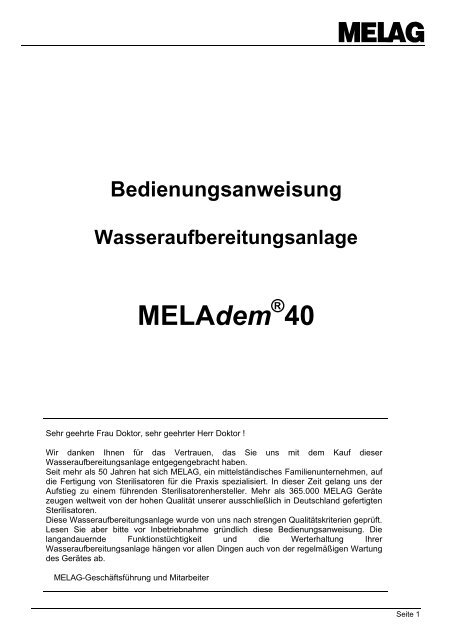 Bedienungsanweisung Wasseraufbereitungsanlage MELAdem ® 40