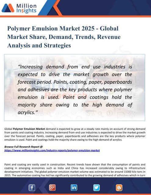 Polymer Emulsion Market Analysis, Growth Drivers, Vendors Landscape, Shares, Trends, Industry Challenges with Forecast to 2025