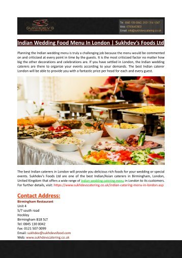 Indian Wedding Food Menu In London- Sukhdev’s Foods Ltd