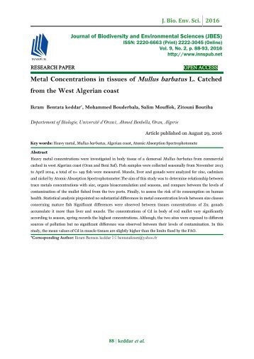 Metal Concentrations in tissues of Mullus barbatus L. Catched from the West Algerian coast