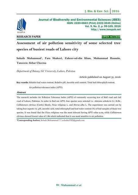 Assessment of air pollution sensitivity of some selected tree species of busiest roads of Lahore city