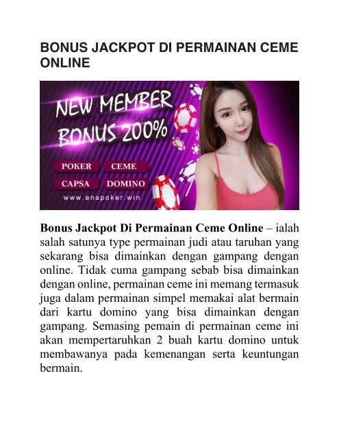 BONUS JACKPOT DI PERMAINAN CEME ONLINE