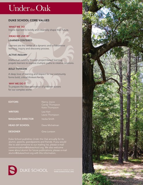 Duke School Under the Oak Magazine, Fall 2018