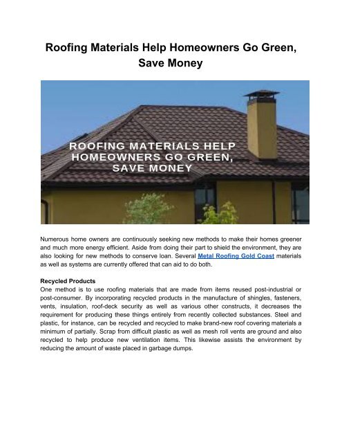 Roofing Materials Help Homeowners Go Green, Save Money