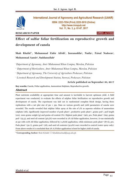 Effect of sulfur foliar fertilization on reproductive growth and development of canola