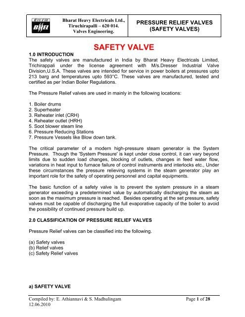 Bhel Writeup On Safety Valve Erv