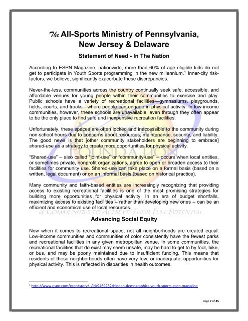The All-Sports Ministry of PA NJ & DE - Executive Summary Start-Up Budget & Prospectus