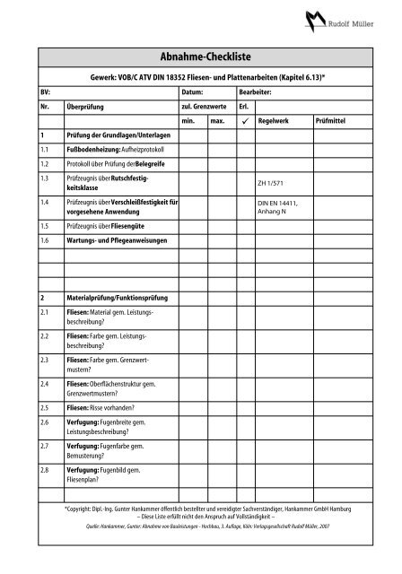 Abnahme-Checkliste - Fliesen und Platten