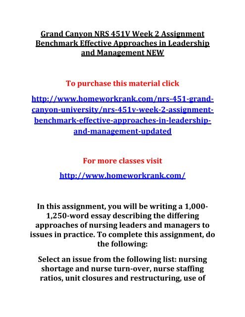 Grand Canyon NRS 451V Week 2 Assignment Benchmark Effective Approaches in Leadership and Management NEW