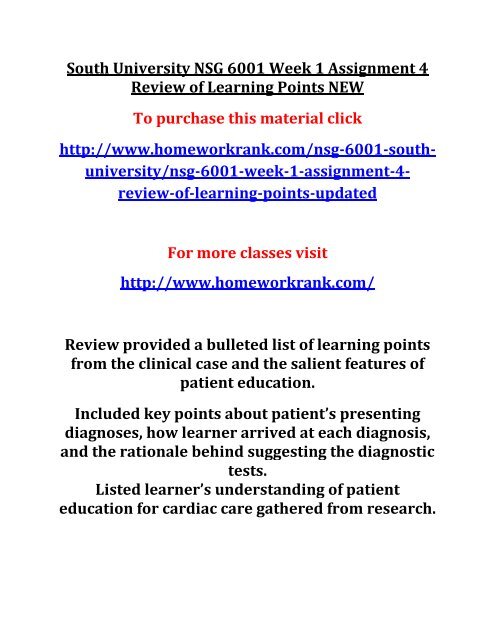 South University NSG 6001 Week 1 Assignment 4 Review of Learning Points NEW