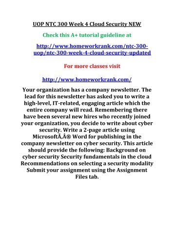 UOP NTC 300 Week 4 Cloud Security NEW