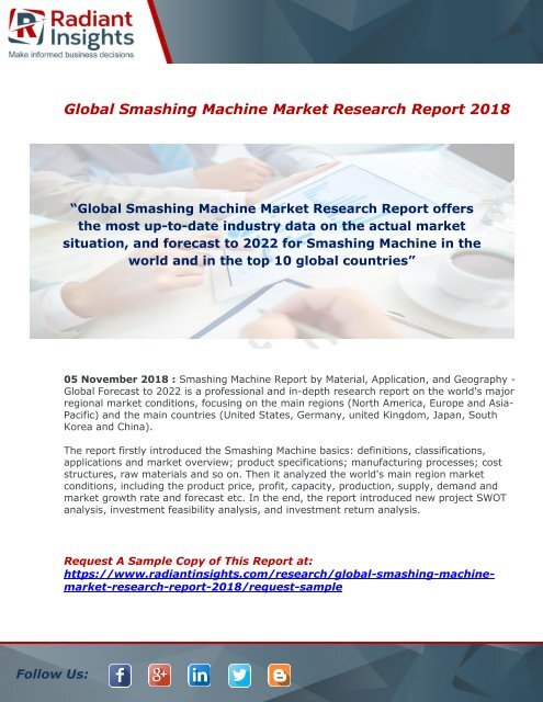 Smashing Machine Market : Size, Industry Share, Demand, Growth, Forecast And Analysis Report 2018