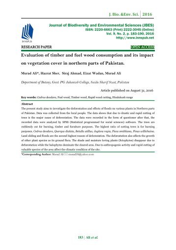 Evaluation of timber and fuel wood consumption and its impact on vegetation cover in northern parts of Pakistan.