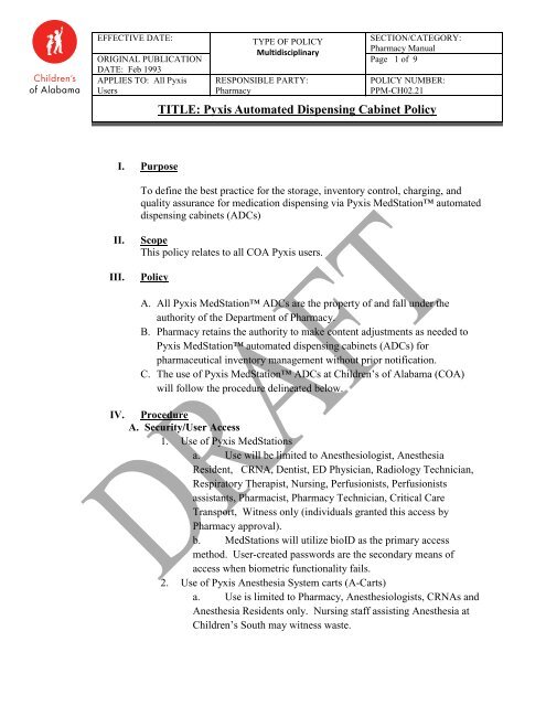 Pyxis Automated Dispensing Cabinet Policy Children S Of Alabama
