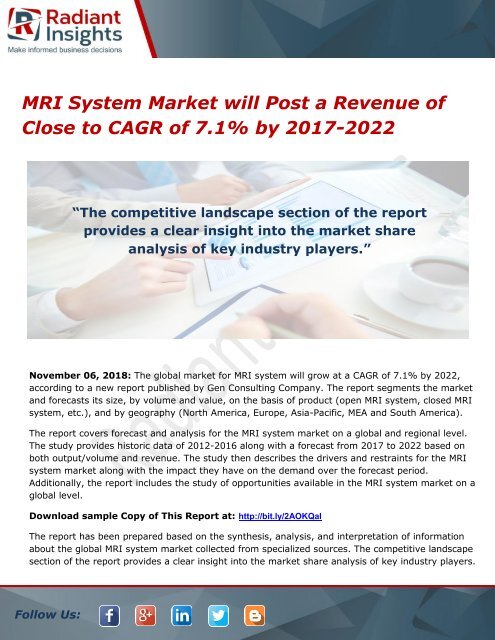 MRI System Market will Post a Revenue of Close to CAGR of 7.1% by 2017-2022